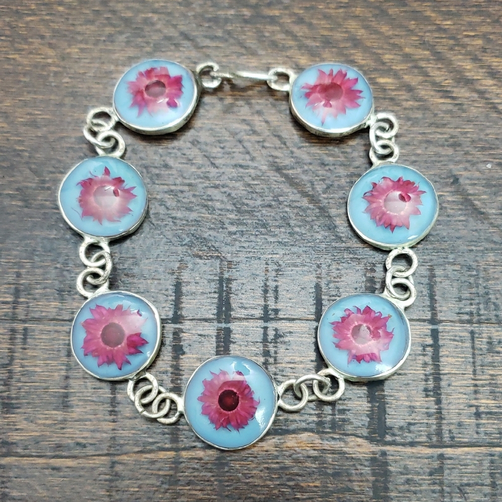 Floral Silver and Blue Bracelet